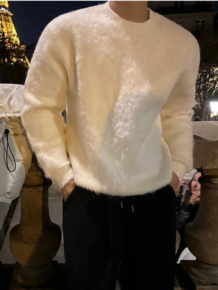 SYUHGFA nouveaux hommes Mohair chandails col rond couleur unie décontracté tricoté vêtements amples coréen pull mâle hauts 2025 hiver