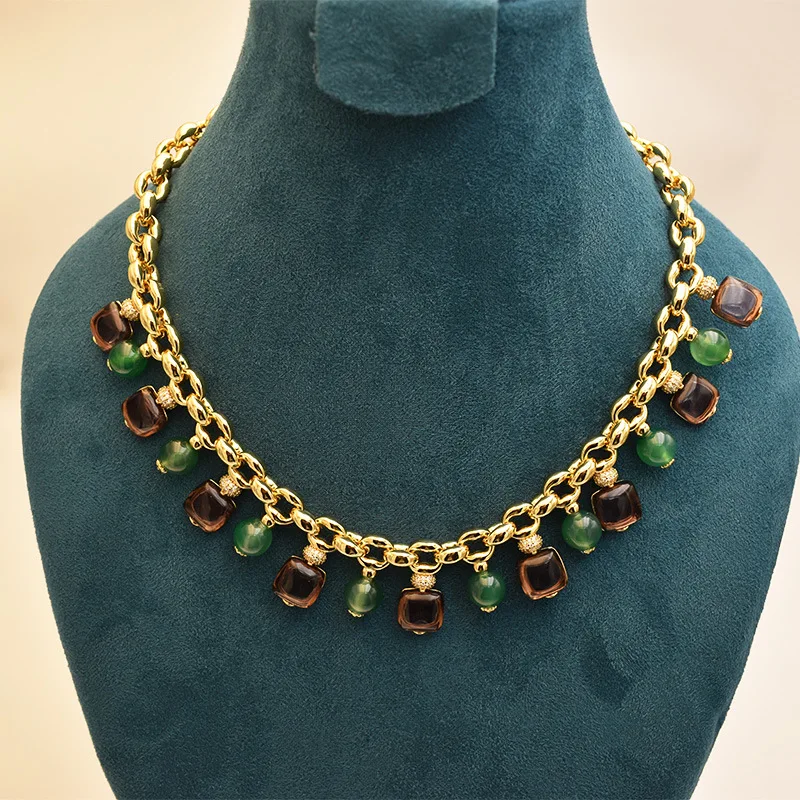 

Vintage Colorful Rhinestoned Chunky Beads Necklace For Women Jewelry Runway Party T Show Fancy Trendy Boho INS Japan Korea