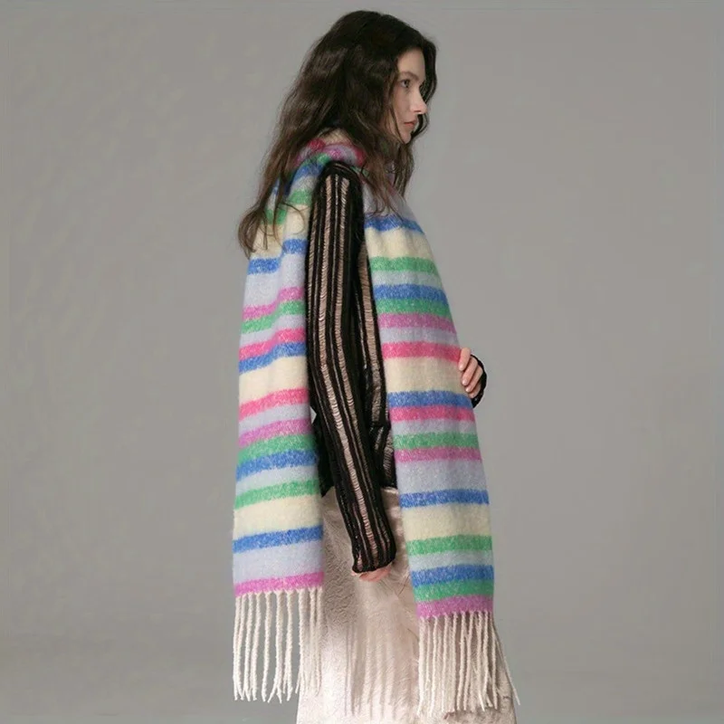 

Warm and Soft Stripe Fringe Scarf for Women, Perfect for Autumn Winter, as Oneself Friends Family Gifts, Rainbow-Stripe