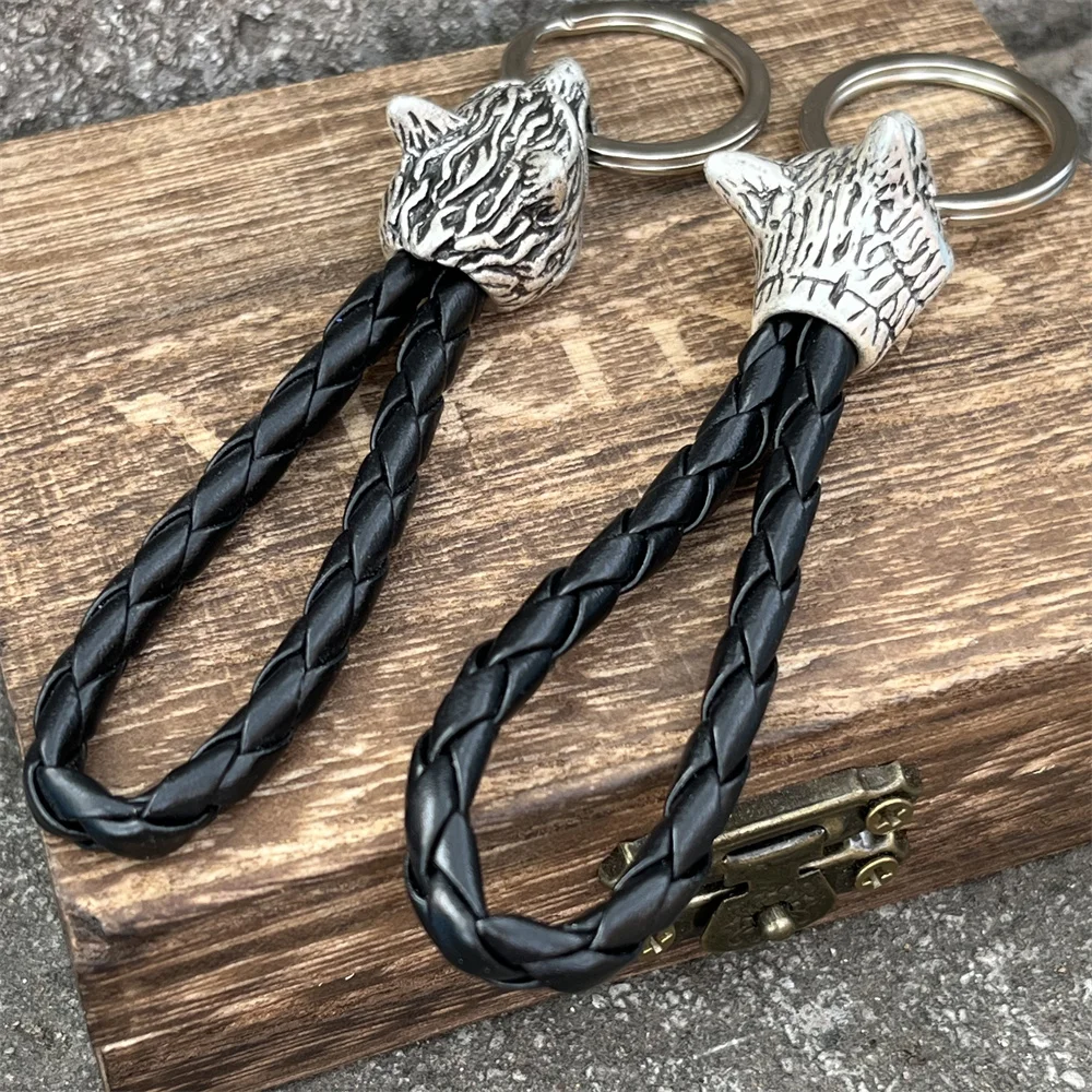 Nostalgia 1Pcs Wolf Amulet Jewelry PU Braided Woven Leather Keychain Viking Accessories Key Ring For Knife Car Decoration