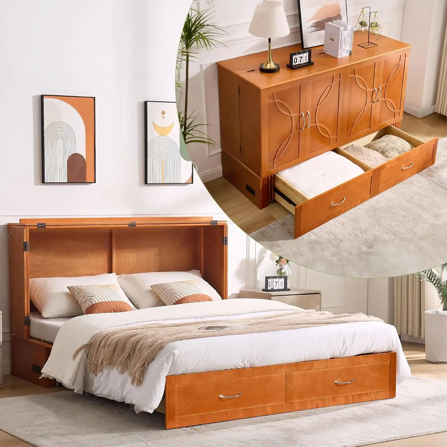 Bed, Pine Wood Murphy Cabinet Bed with Tri-Folding Mattress,Storage Drawer with Auxiliary Wheel & USB Charging Station for Livin