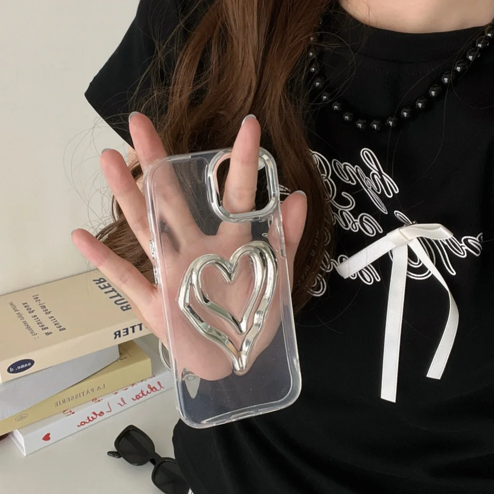 Cute Silver Love Heart Clear Phone Case For iPhone 15 14 12 13 Pro Max 15pro Transparent Protection Cover For Girl Women Cases