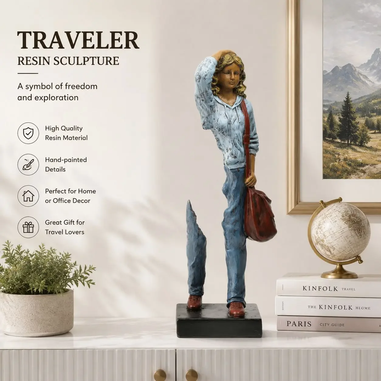 Modern Traveler Lady Sculpture Resin Human Statue 25cm Abstract Figurine for Living Room Office TV Cabinet Home Decor
