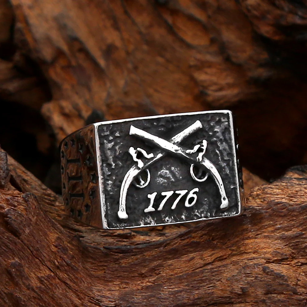 Vintage 1776 Signet Ring Stainless Steel Square Crossed Musket Engraved For Men Patriotic Retro Daily Wear Biker Jewelry