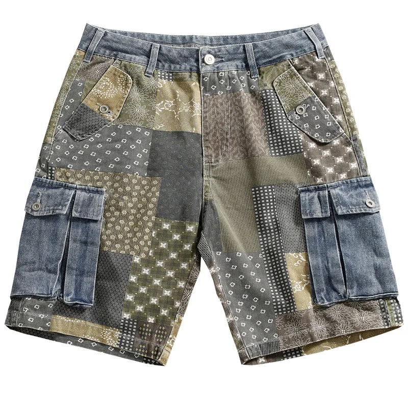 Cashew flower print workwear denim shorts men's loose summer distressed washed casual five quarter pants