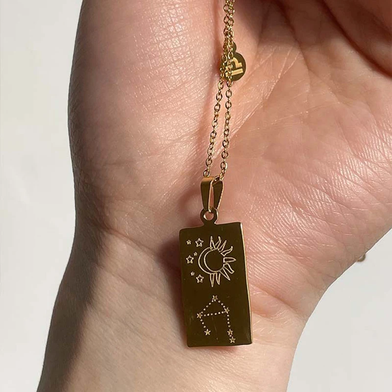 12 Constellations Square Pendants Stainless Steel Zodiac Sign Necklace for Women Men Clavicle Link Chain Necklaces Collar