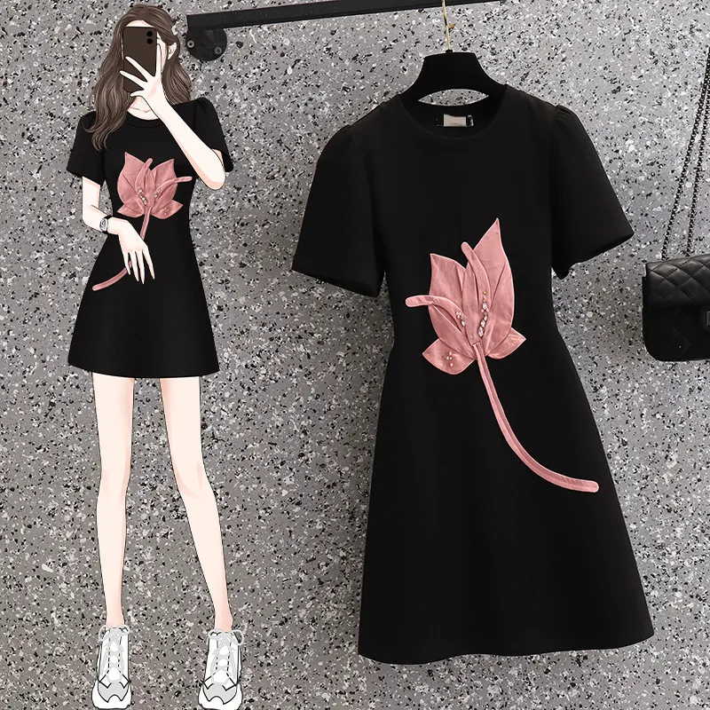 Women 2023 New Summer Tulip Floral Print Black T Shirt Dress Short Sleeve O Neck Mini A Line Dresses Female Fashion Clothes