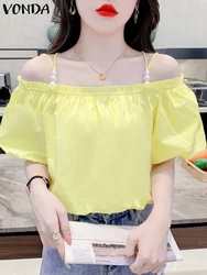 VONDA Women Blouses Summer Sexy Off Shoulder Tops 2024 Causal Fashion Bead Solid Shirts Loose Short Puff Sleeve Blusas Femininas