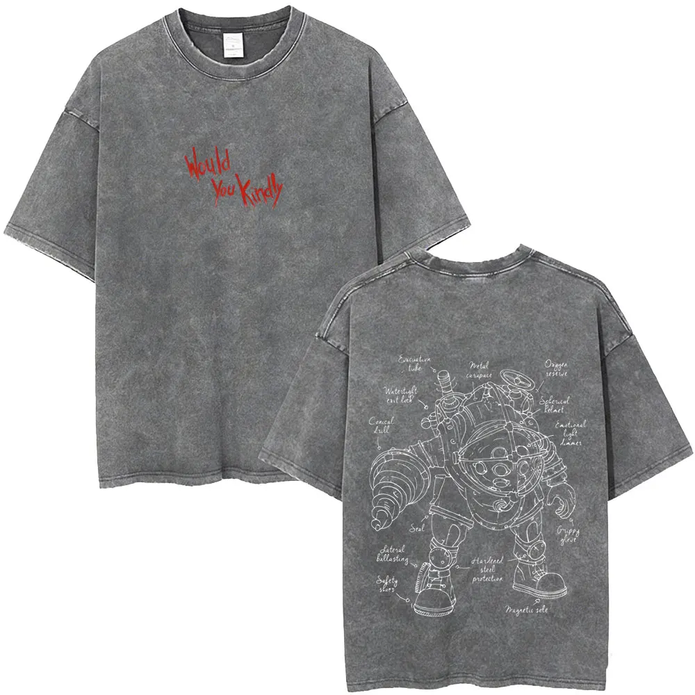 Washed Vintage Classic Shooting Game Bioshock Would You Kindly T-shirt Men's Clothing Hip Hop Oversized T Shirt Male Streetwear