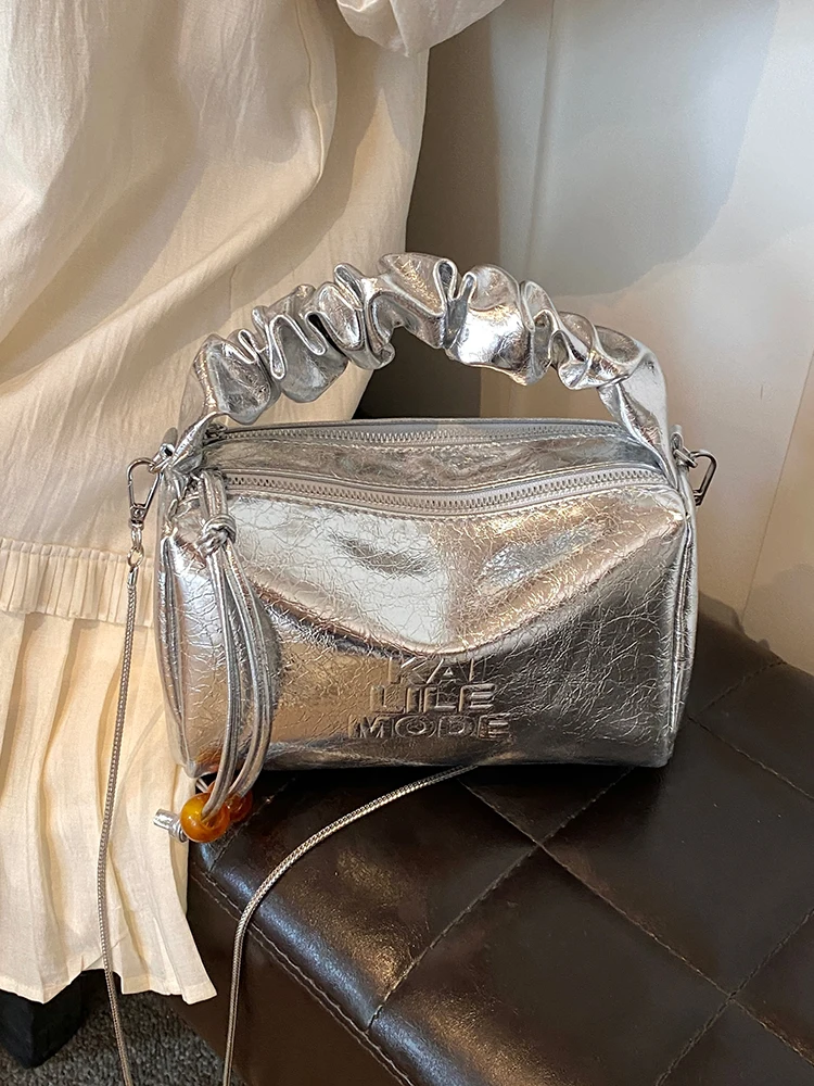 Shiny Silver Handbag For Women 2024 New Trendy  Versatile Chain Crossbody Bag Soft Face PU Tassel Square Bag Elegant Party Bag