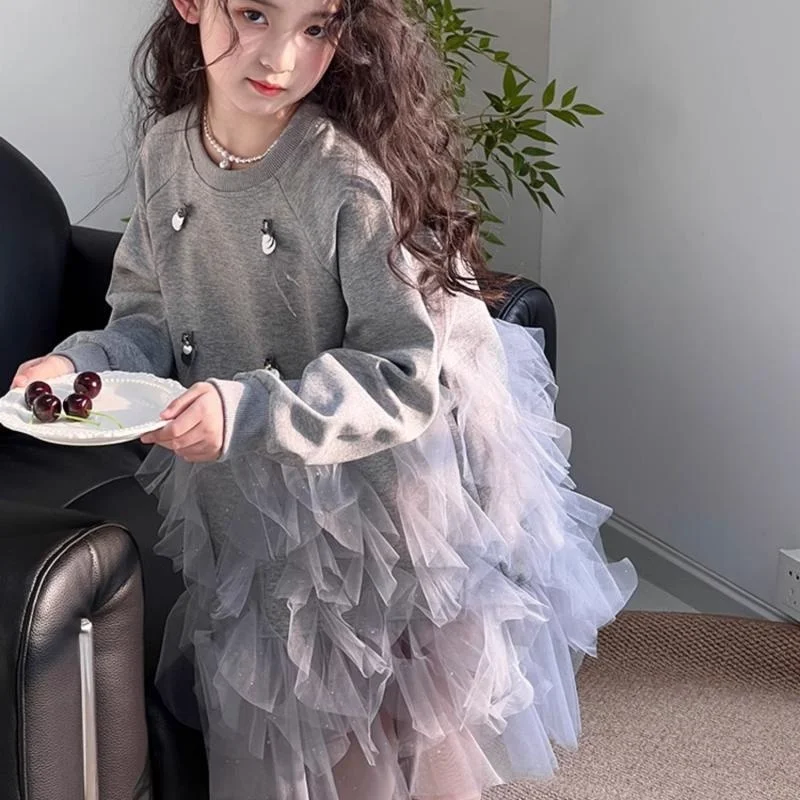 Girl 2026 Leader Spring Autumn New  Splicing Teen Girl Dresses Birthday Party Long Sleeve Princess Dress Fashion Sweet Kids Wear