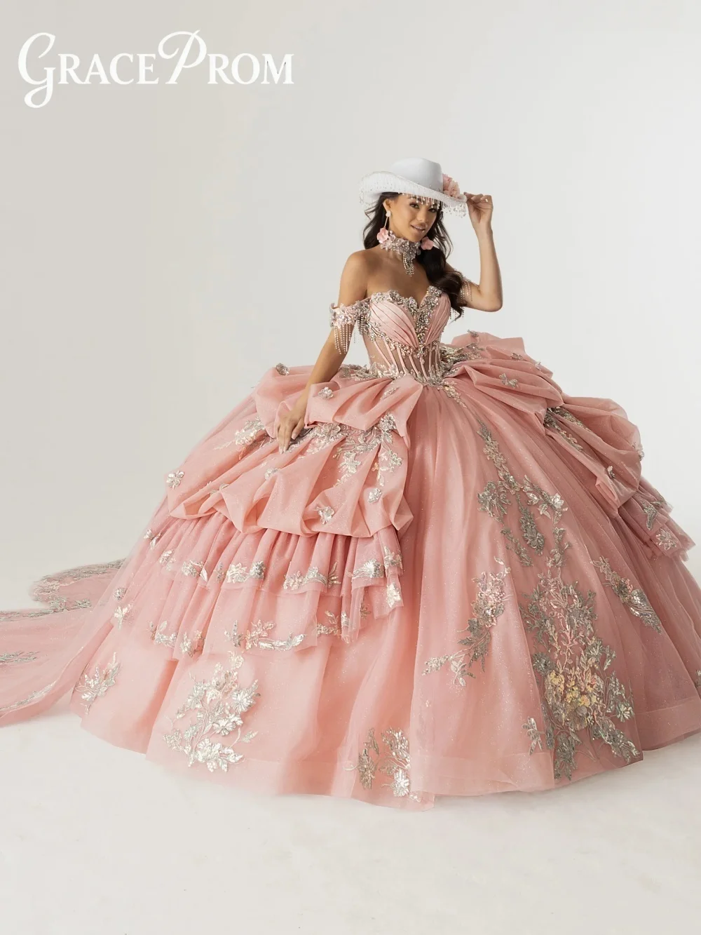 

Glamorous Blush Pink Quinceanera Dress With Off Shoulder Beaded Sleeves Silver Sequin Dramatic Ruffled For Sweet 16 Celebration