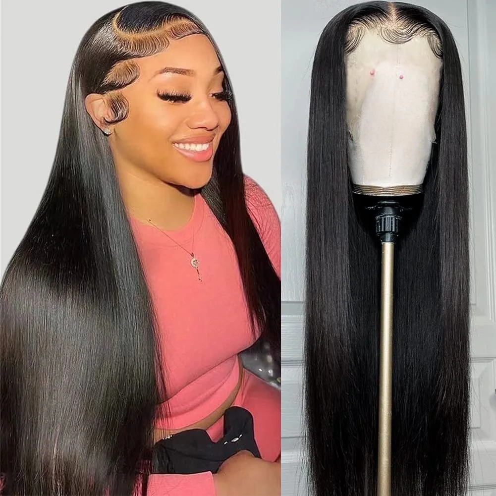 

Straight Lace Front Human Hair Wigs 13×4Natural Color 220Density Pre Plucked 30 36 Inch Transparent Lace Frontal Wig For Women1B