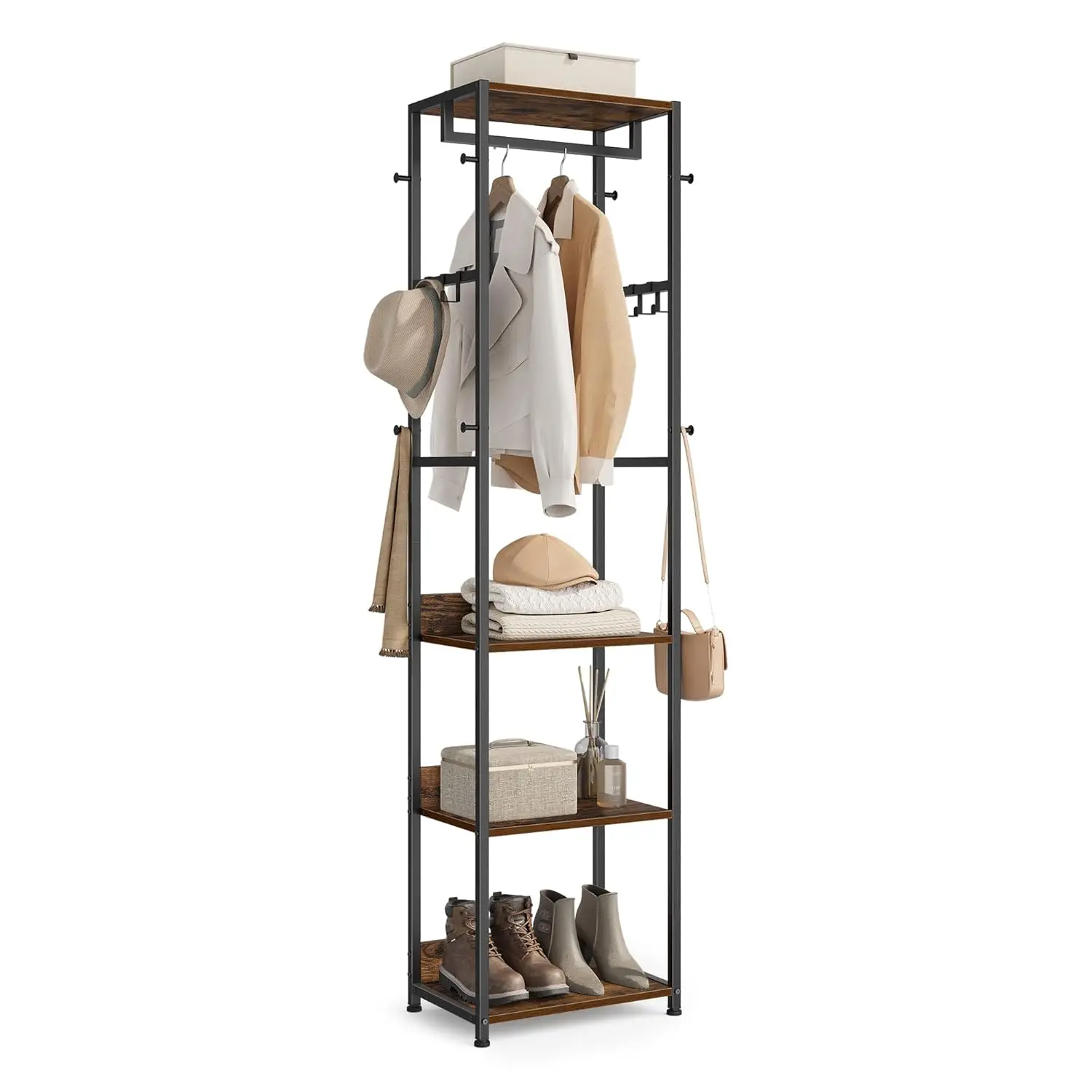 

Coat Rack, Freestanding Hall Tree with Shelves, Hanging Rail, and Hooks, Space-Saving Coat Stand, Steel Frame, for, Customized