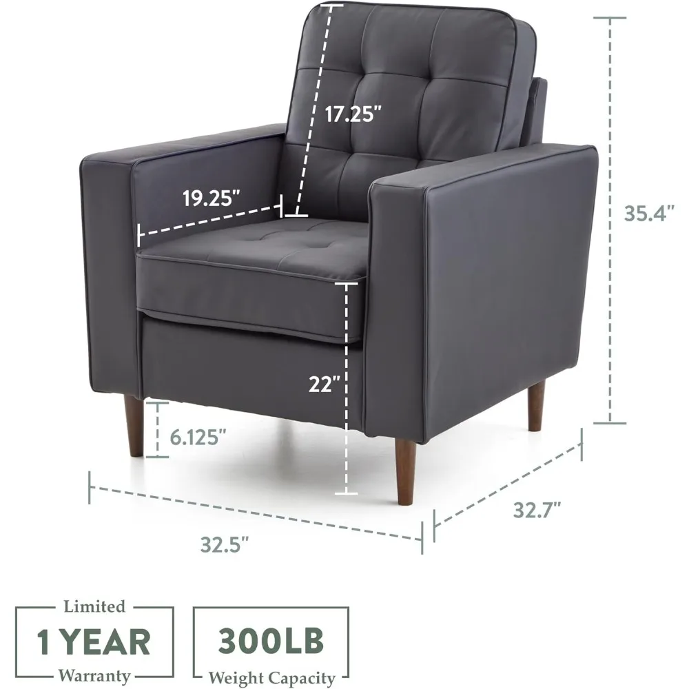 Upholstered Accent Chair,Mid-Century Modern Design,Armchair,Buttonless Tufting,Solid Frame,Black Faux Leather,Living Room Chairs image 5