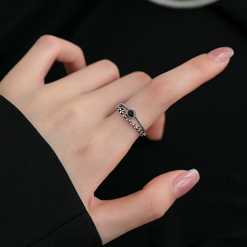 XIYANIKE Double Layer Black Zircon Wheat Ears Leaf Rings For Men Women Fashion New Jewelry Couple Gift Party Daily anillos