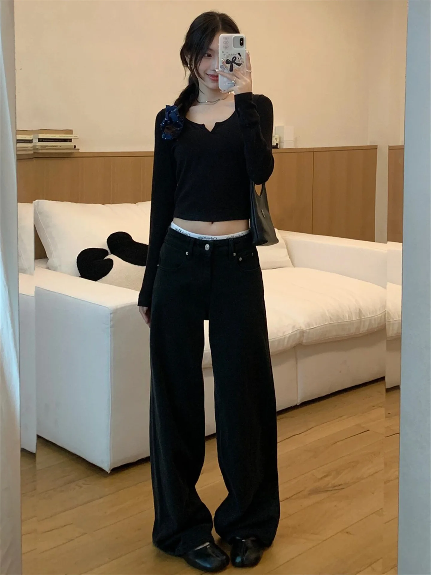 

Black High Waist Wide Leg Jeans Women's Autumn Winter Loose Slimming Long Length Straight Cut Floor-Length Pants