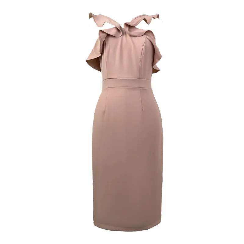 Summer New Women's Clothing Celebrity Temperament Ruffle Leaf Edge Neck Slim And Thin Pink Dress