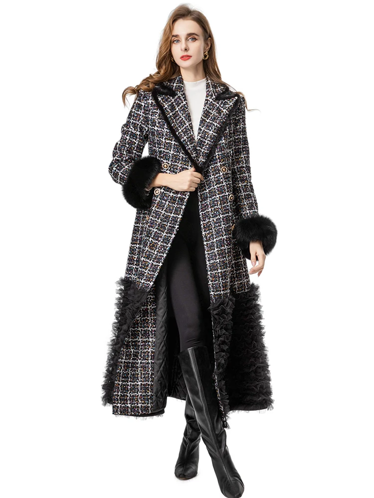 DLDENGHAN Women's Double-Breasted Sequins Tweed Coat with Turn-Down Collar And Feathers High Street Fashion Outerwear