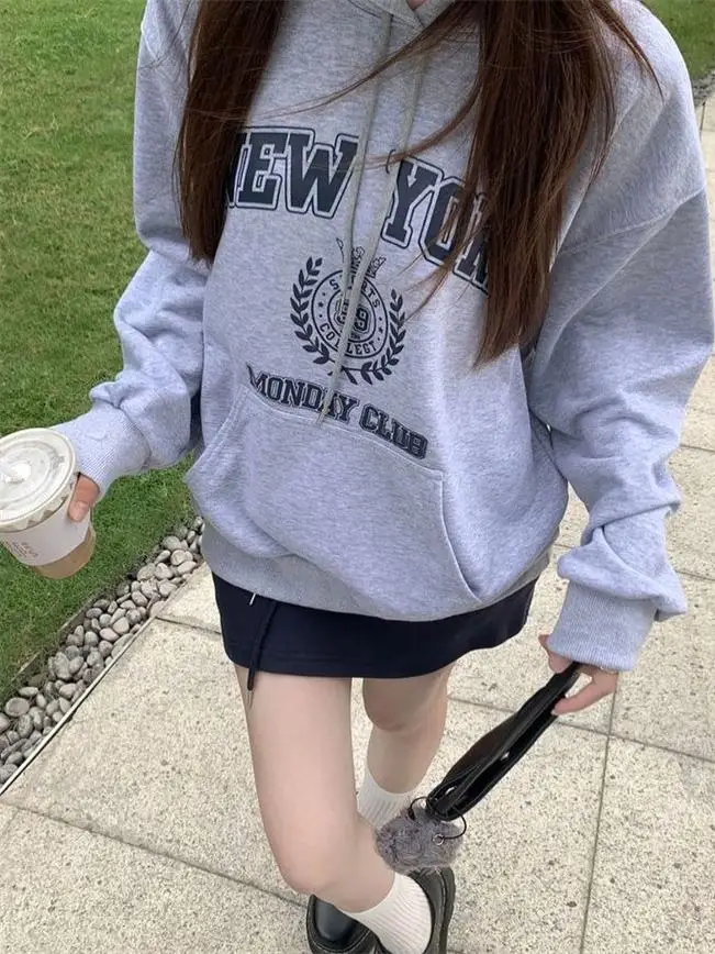 Felpa da donna retrò americana Sle Crew Ne, versione coreana casual, design versatile con stampa Fce, vestibilità ampia foderata