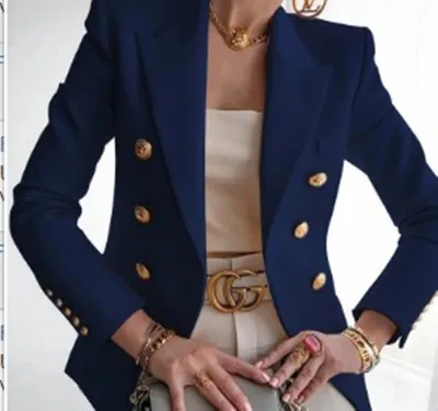 Blazer de doble botonadura para mujer, Chaqueta de traje elegante de manga larga, a la moda, color blanco y negro, para oficina, Invierno