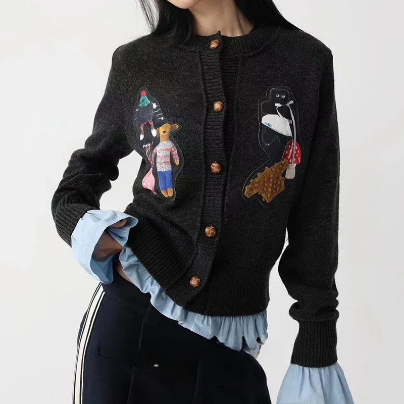 Korean retro round neck collage decoration knitted cardigan for women's autumn fashion  casual two-piece sweater jacket