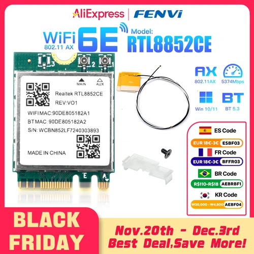 Tarjeta de red WiFi 6E RTL8852CE M.2, 5400Mbps, 802.11AX, Bluetooth 5,3, adaptador inalámbrico Tri Band 2,4/5/6GHz para Windows 10/11