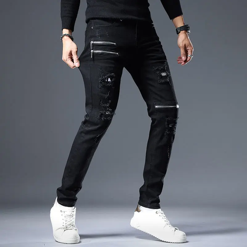 

Men’ Light Luxury Street Fashion Moto&Biker Jeans,Wear-proof Retro Style Zipper Decors Denim Pants ,Slim-fit Ripped Casual Jeans