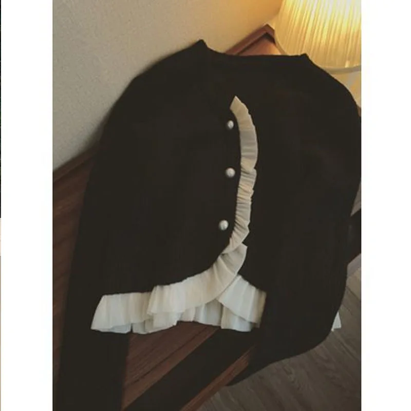 Spring New Lace Patchwork Round Neck Long Sleeved Knitted Cardigan Autumn Fashionable Commuting Casual Versatile Top Coat