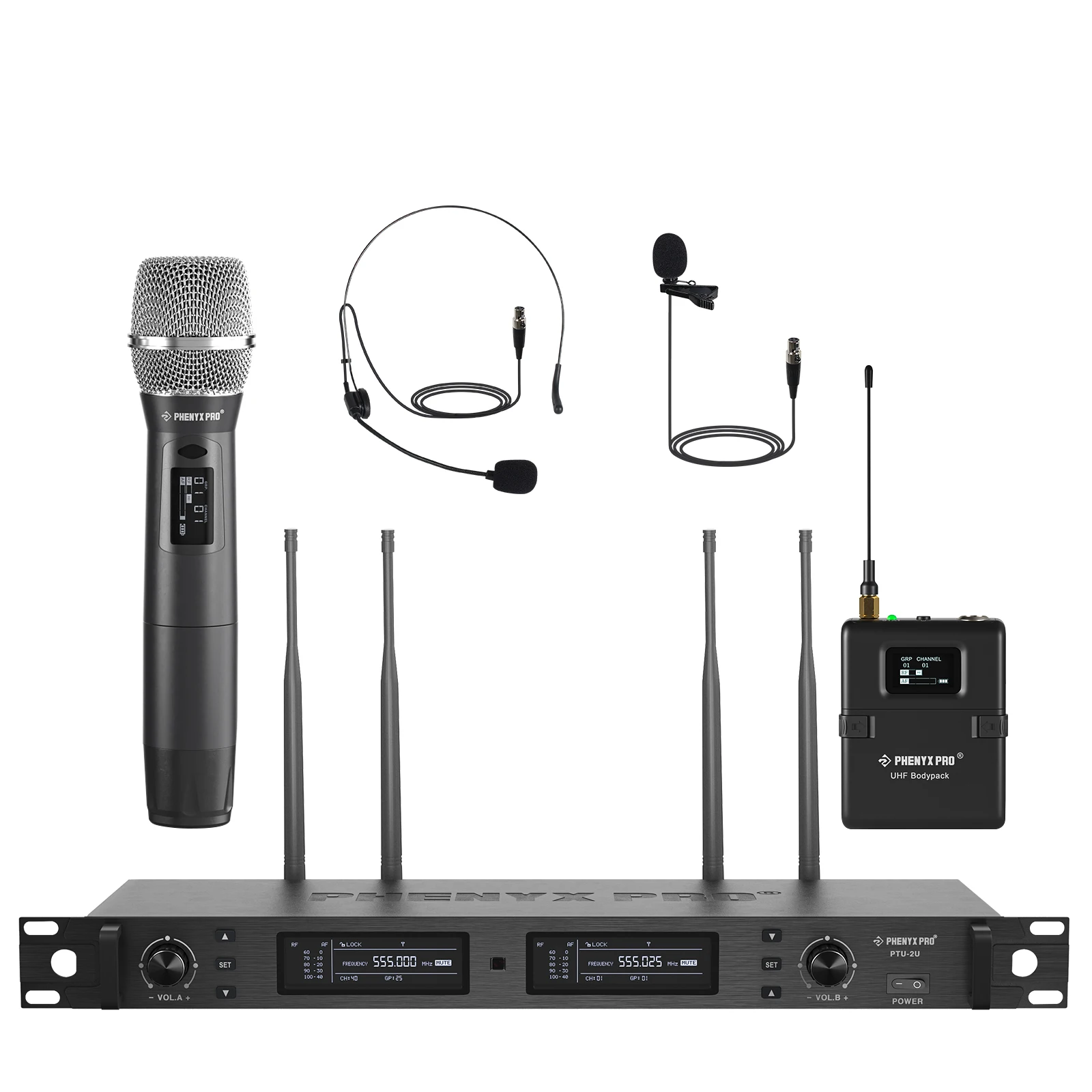 

True Diversity Dual Microphone Set w/UHF Handheld/Bodypack/Headset/Lapel Mics,Auto Scan,2x1000 Channels for Stage&Studio PTU-2U