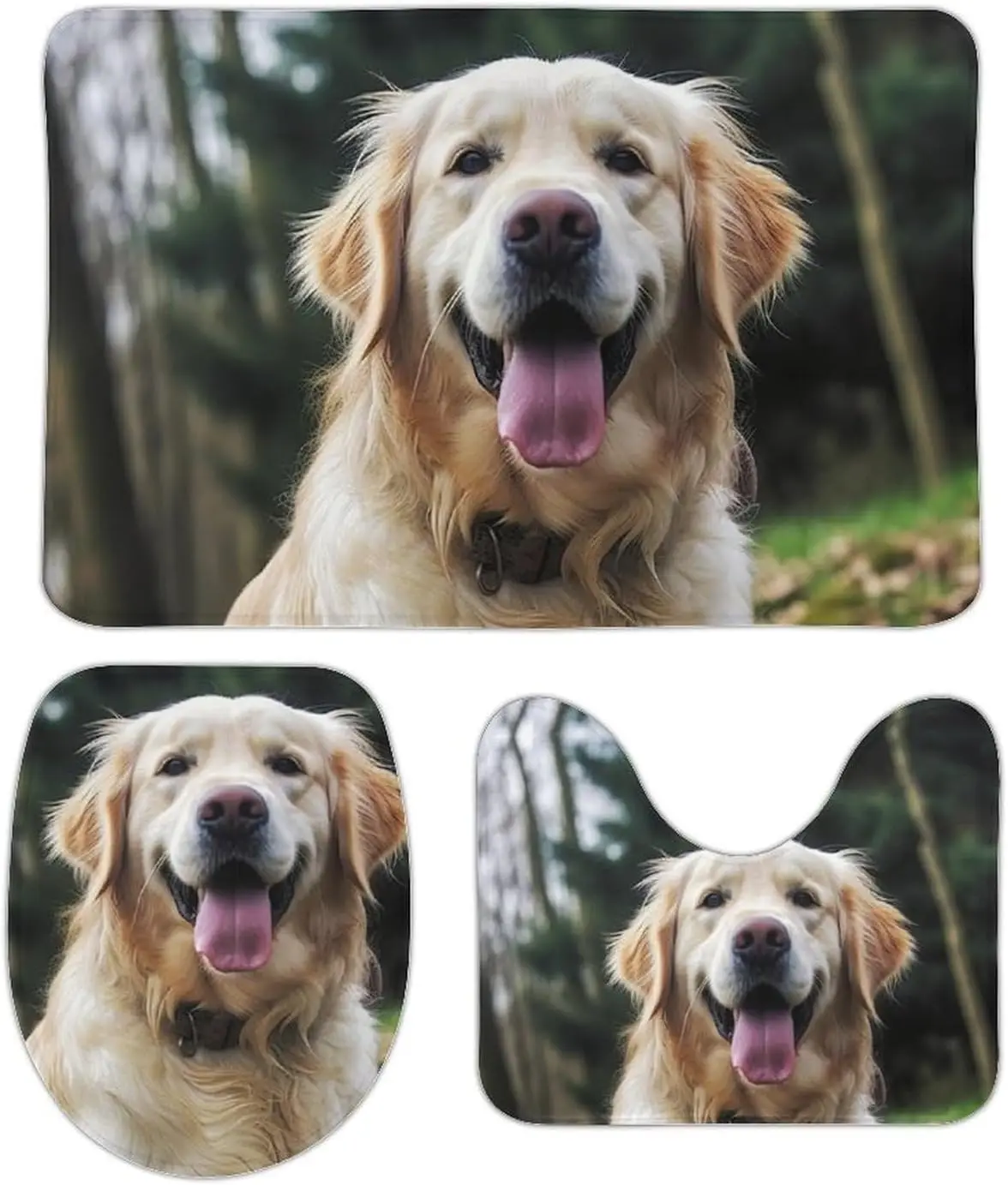 3 Piece Bath Rug Set Non Slip Absorbent Bath Mat Contour Mat with Toilet Lid Cover Funny Golden Retriever Soft Floor Mats for