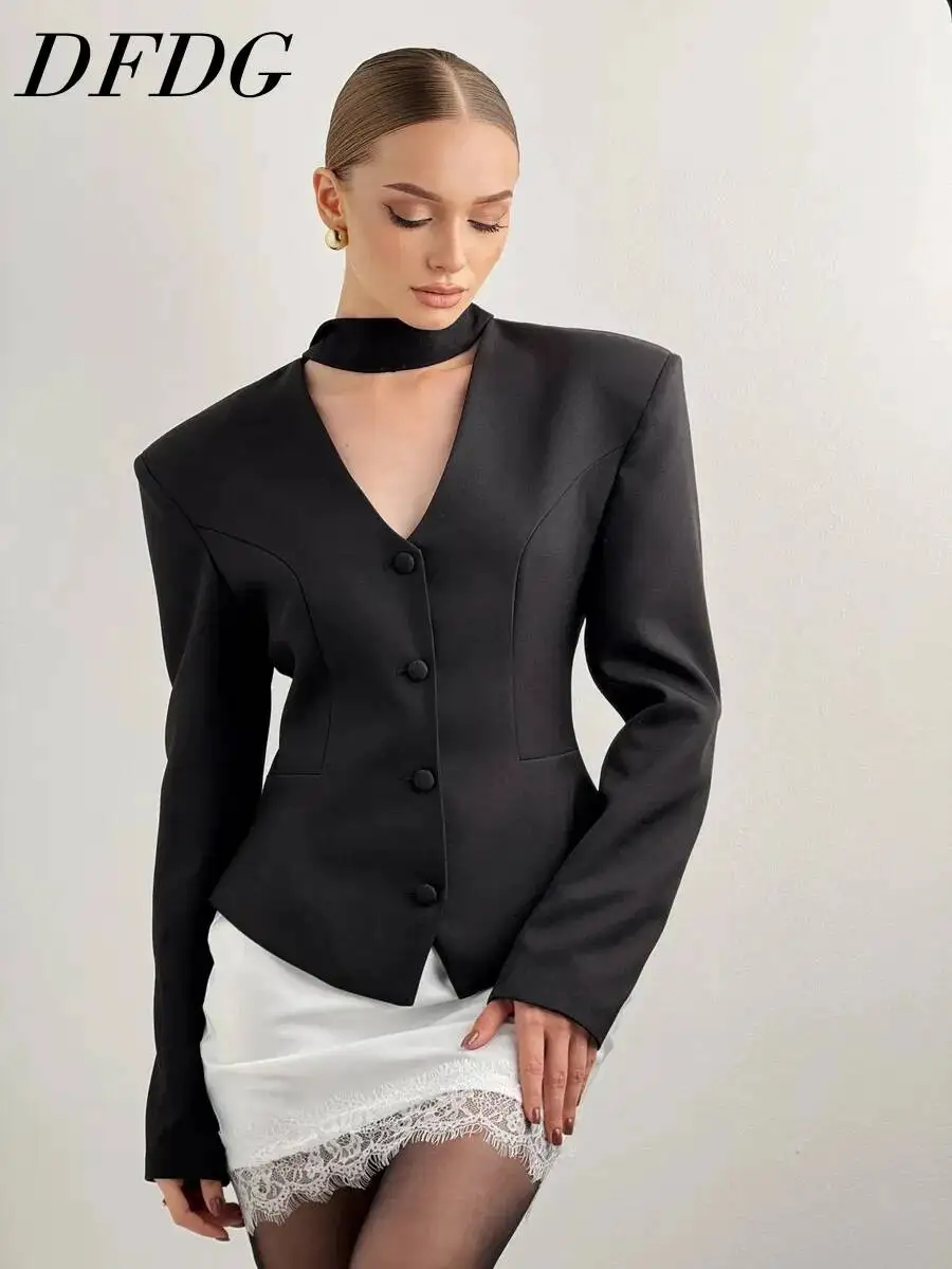 DFDG Women 2026 Spring Summer V Neck Blazer Choker Collar Padded Shoulder Single Breasted Button Fitted Waist Cropped Jacket
