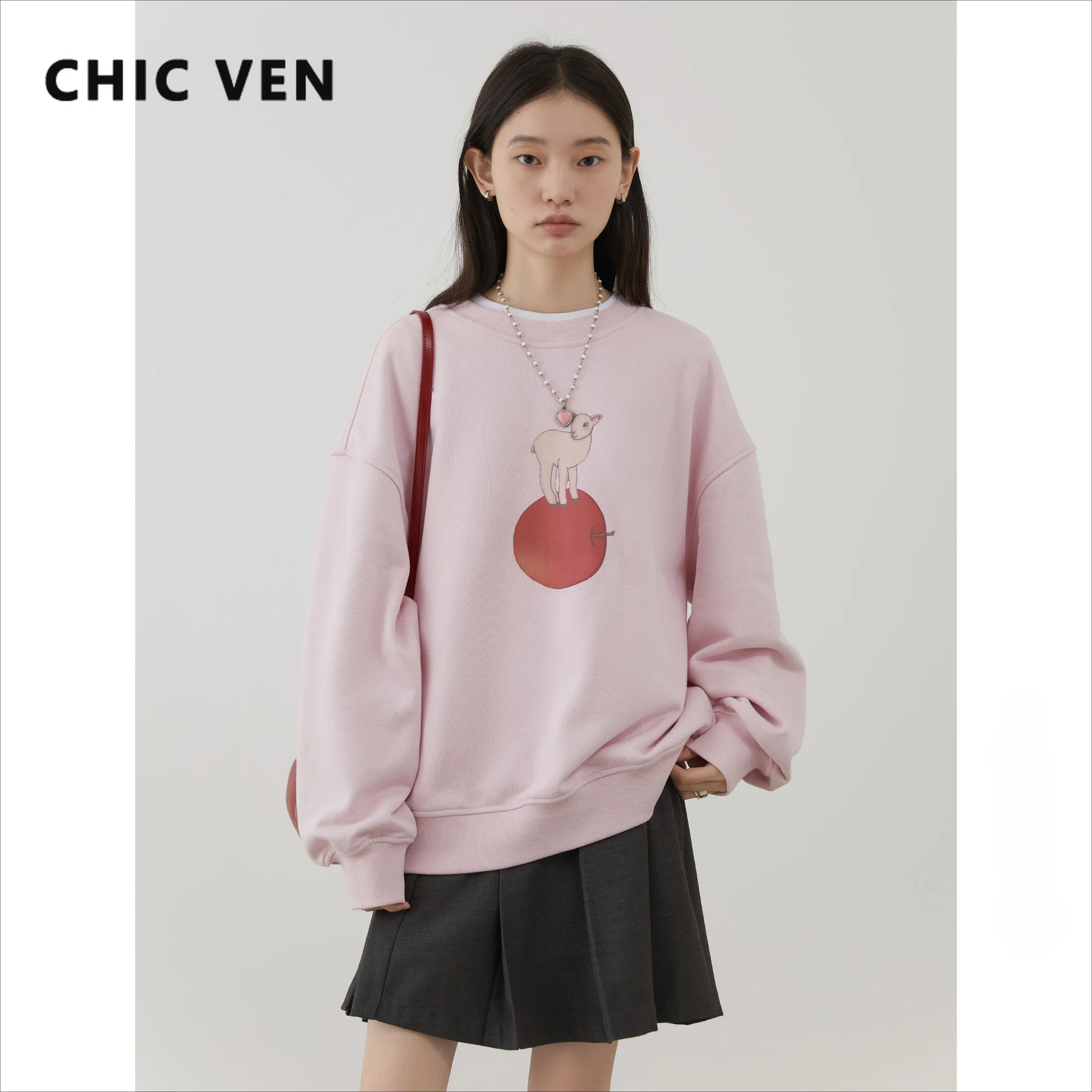 CHIC VEN Women\'s Sweatshirts Design Casual Round Neck Cartoon Print Loose Female Pullover Spring Autumn 2024