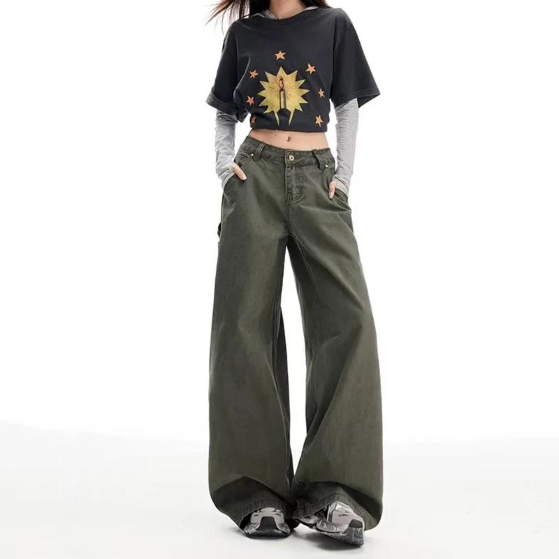 Jean Cargo vert armée à jambes larges pour femmes, taille haute, Streetwear, pantalon droit ample, mode coréenne, pantalon Denim décontracté, automne
