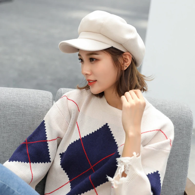 Women‘s Winter Vintage Berets Caps French Artist Warm Felt Hats Beret Female Solid Octagonal Hats 2023 Autumn Girl Newsboy Cap