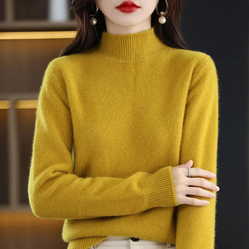 Women's Semi High Neck Knit Pullover Sweater - close-up view