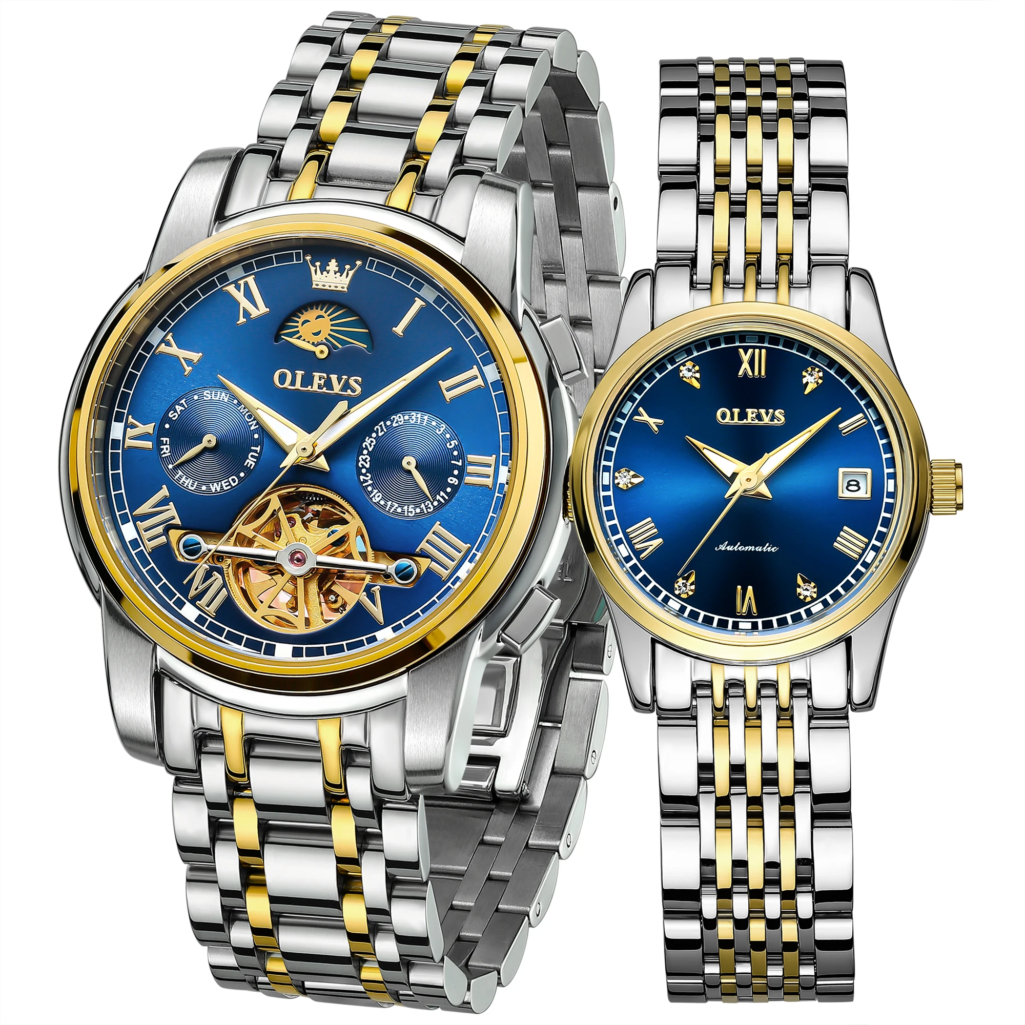 ساعات OLEVS للأزواج من الفولاذ المقاوم للصدأ مقاومة للماء، هدية للرجال والنساء، ساعات يد ميكانيكية أوتوماتيكية فاخرة #1