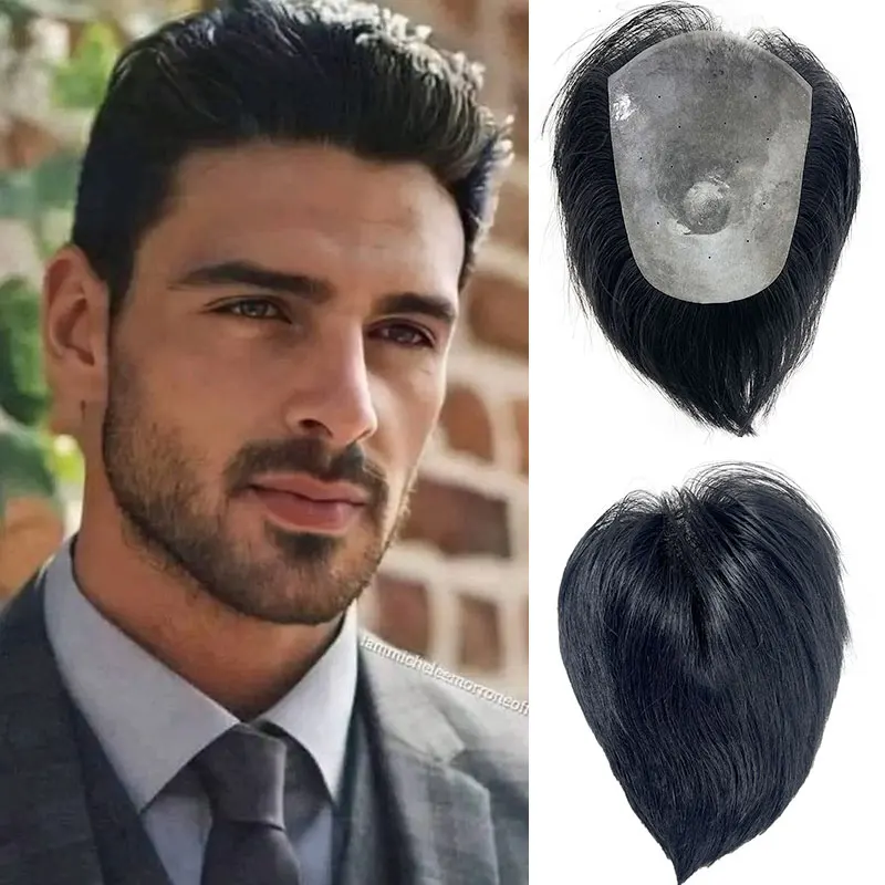 15*20cm 100% Human Hair Ultra Thin Breathable PU Men's Capillary Prothesis Soft Invisible Toppers Natural Slicked Back Style