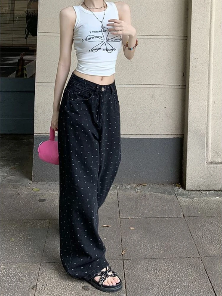 

Black Polka Dot Straight Jeans Women High-waisted Loose Wide Leg Pants Autumn Winter Fashion Korean Y2k Streetwear Long Trousers