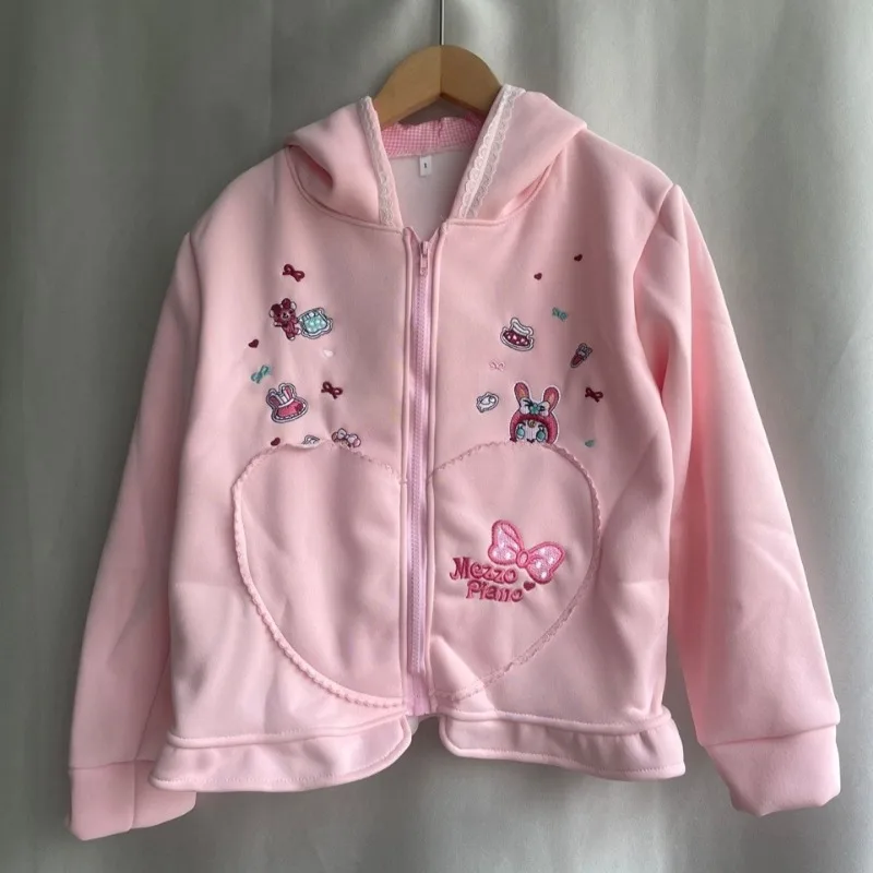 Sweet Girl Hoodie Pink Cartoon Bunny bear Embroidered Lace Edge Cute Zipper Cardigan Coat Y2k Kawaii Sweatshirt 2024 Autumn New