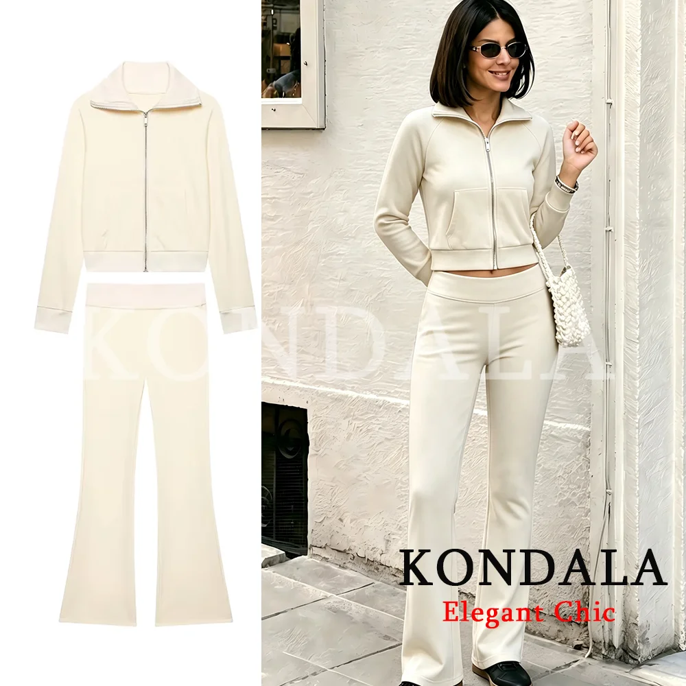 KONDALA Damen Trendiges High-Street Slim-Hosen-Set mit Revers, Reißverschlusstaschen, Jacke und Schlaghose, Neue Mode 2026 Frühherbst Mujer Set – Detail 8