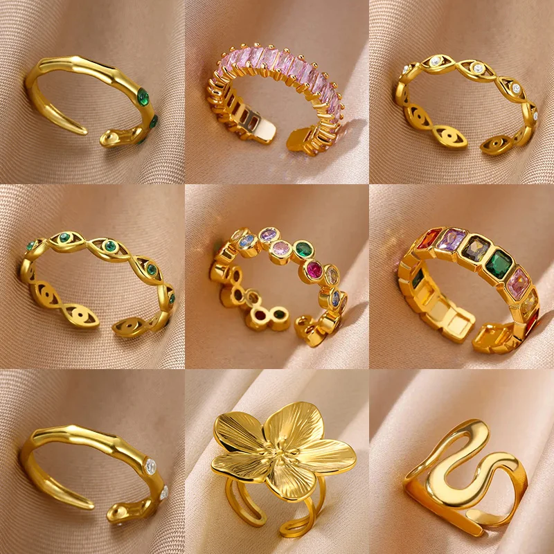 

Zircon Rainbow Round Rings For Women Stainless Steel Gold Color Evil Eye Ring Bling Couple Waterproof Aesthetic Jewelry Gift