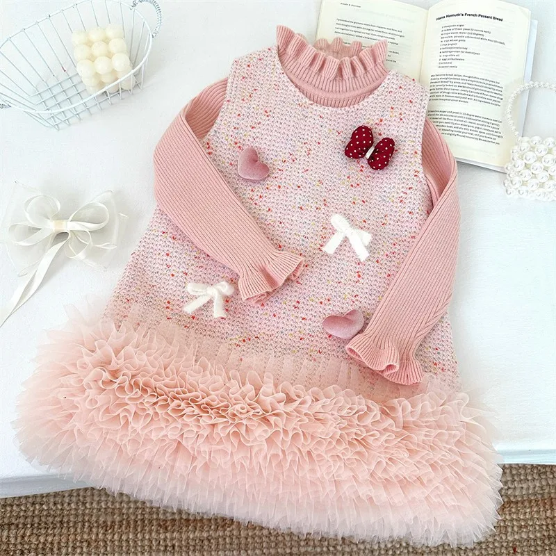 

TOY-Trendy Girl Sweet Fleece Vest Dress Set Winter New Knitted Sweater Plush Heart Dress