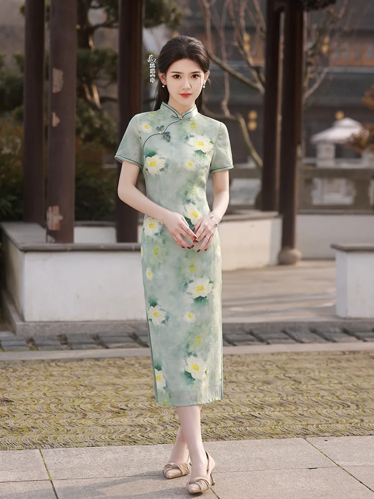 

Chinese Fashion Traditional Qipao Female Slim Young Dress Vintage Printing Women National Style Long Cheongsam