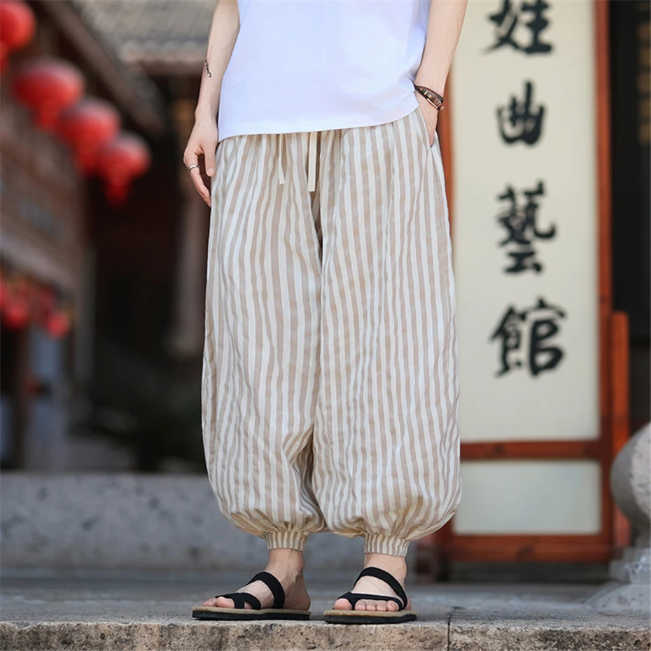 

Large Size Harem Pants Men Streetwear Harajuku Linen Casual Trousers Chinese Style Elastic Waist Baggy Ankle Length Pants Male