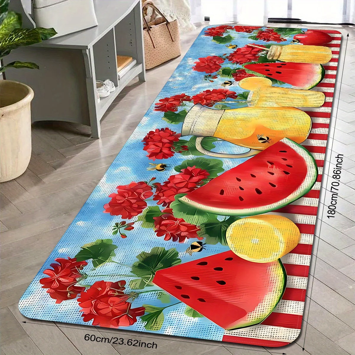 Summer Sweet Lemonade Watermelon Kitchen Runner Rug Set, Life is Sweet Flower Bee Fruit Non-Slip Absorbent Floor Mats Entryway