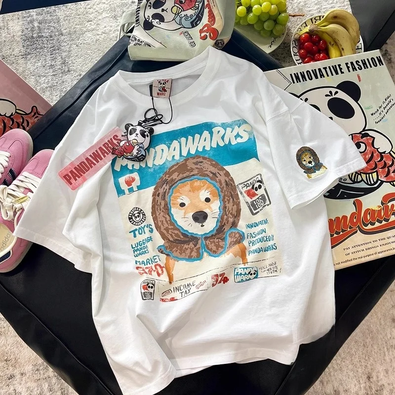 

Новая летняя футболка с милым принтом льва, универсальная хлопковая молодежная модная повседневная футболка с круглым вырезом для подростков и взрослых