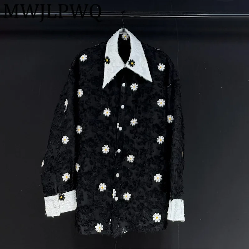 

MWJLPWQ Texture Design Flower Shirt Men's Street 2025 New Heavy Lace Patchwork Long Sleeve Loose Casual Tops 2025 Chic New 12413