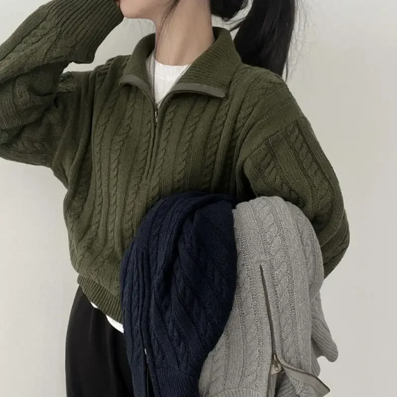 ChicAutumn/Winter Thick Knit Top Women's Vintage Cable Knit Half Zip-Up Lazy Versatile Cropped Sweater Jacket From Korea