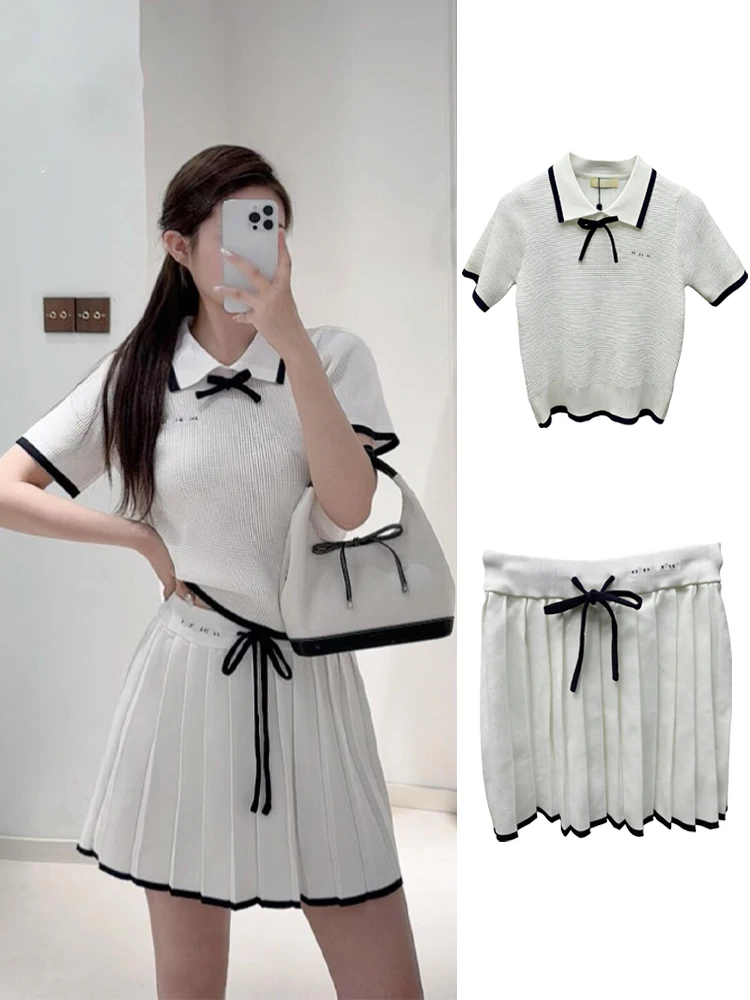 

High Waist Knitted Knot Short Sleeve Women's Skirt Set Jennie Zhang Ying Two Piece Set College Style Pleated S...